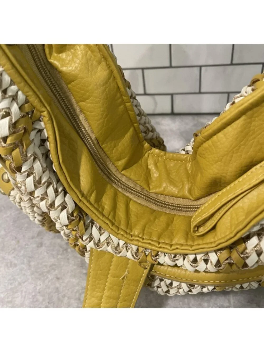 Nila Anthony Hobo Bag Womens Large Gold Striped Faux Leather Studded Shoulder